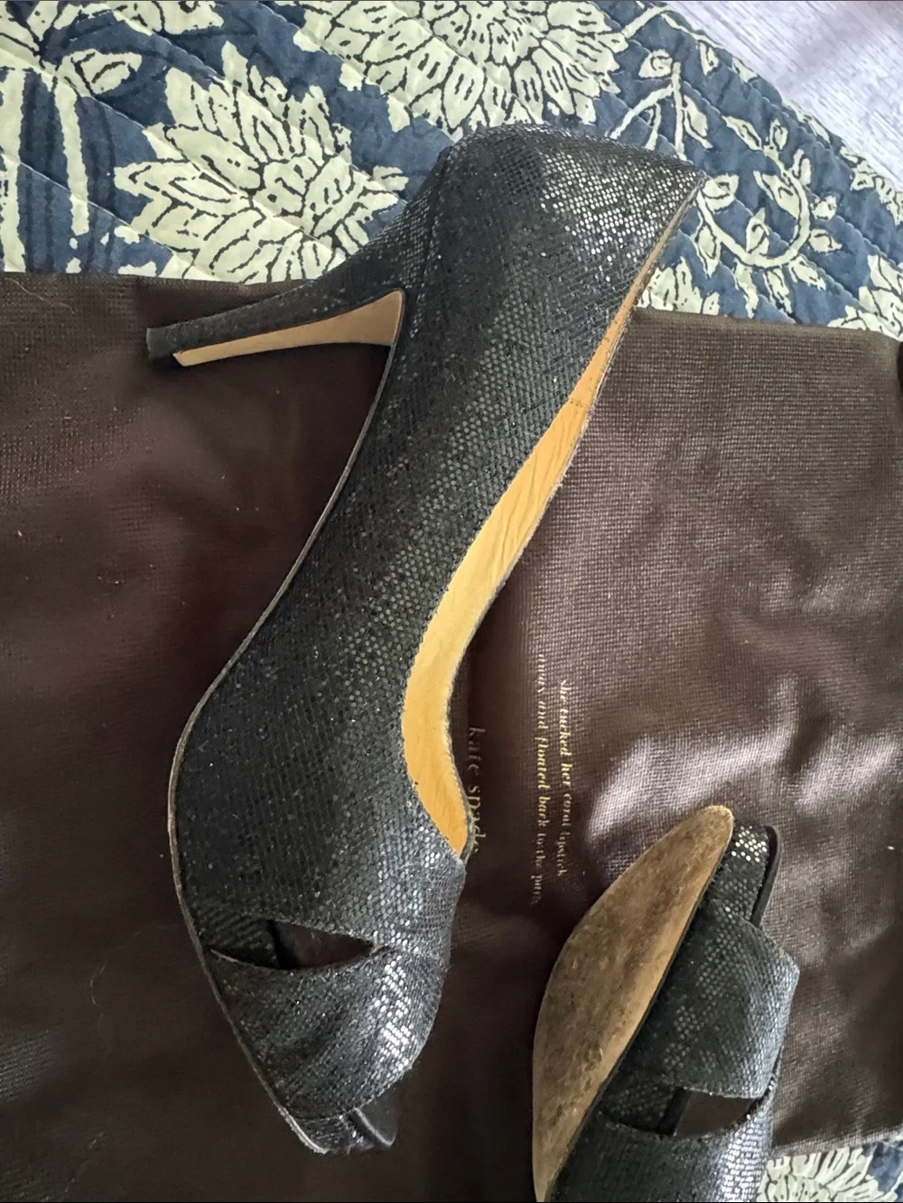 kate spade Black Glitter Peep-Toe Heels